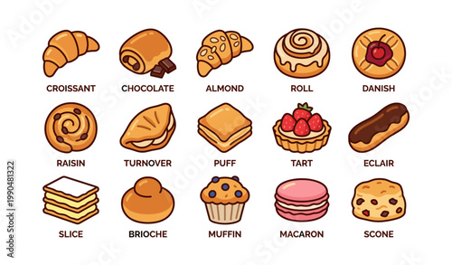 Bakery pastries arranged in grid on flat white background