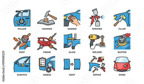 Automotive repair and bodywork icons arranged on white background