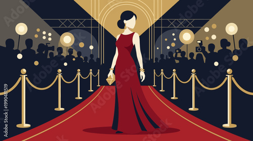 Glamorous woman in elegant red dress walking on red carpet with paparazzi flashing lights in background