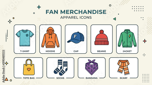 Apparel merchandise icons for fan gear t-shirt, hoodie, cap, beanie, jacket, tote bag, socks, bandana, and scarf