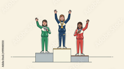 Sports competition winners standing on podiums receiving medals, illustration of achievement and success