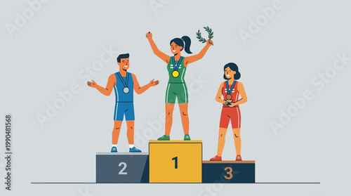 Athletes celebrating triumph on a championship podium, showcasing victory and achievement in a competitive sports event with gold, silver, and bronze medalists