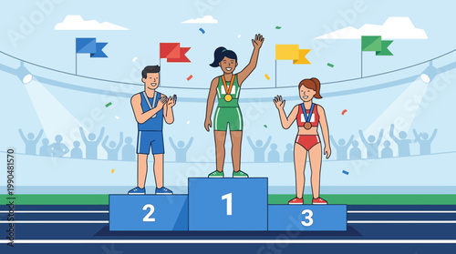 Diverse athletes on medal podium celebrate victory with gold, silver, and bronze awards, confetti, and cheering crowd in a vibrant stadium illustration