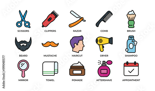 Barber and grooming icons grid showing tools and accessories