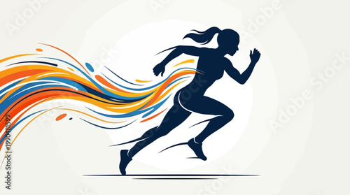 Dynamic Silhouette of a Female Athlete in Full Stride, Embodying Speed and Energy with Abstract Colorful Streaks