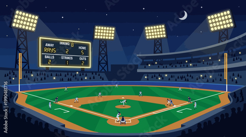 Energetic night baseball game illustration in a bustling stadium under bright lights, capturing the thrill of a professional sporting event