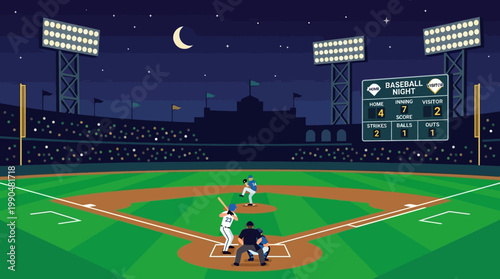 Night Baseball Game Under Stadium Lights with a Batter at Home Plate and Scoreboard Displaying the Game Status