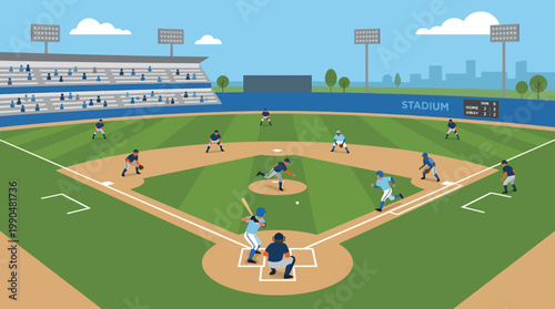 A vibrant illustration captures the excitement of a professional baseball game in a stadium, featuring players engaged in a competitive match under clear skies and a distant city skyline
