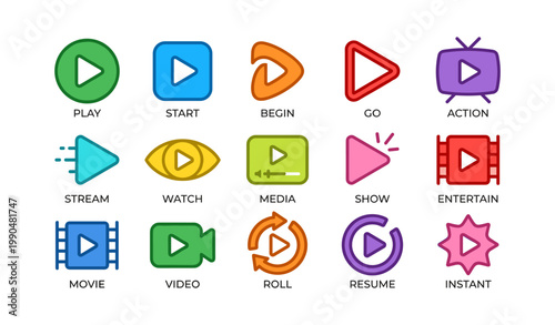 Play and media icons showing play symbols in colorful layout