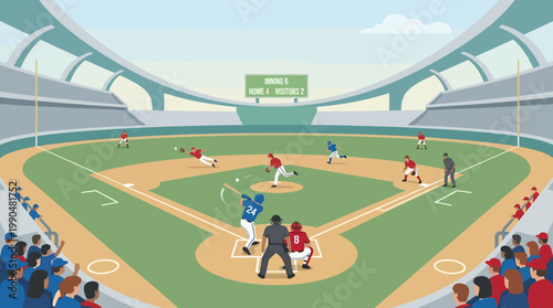 Exciting professional baseball game unfolding in a vast, modern stadium, capturing the intensity of players in action and the vibrant atmosphere of cheering fans