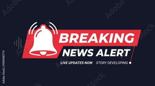 Vibrant Breaking News Alert Graphic Featuring Notification Bell Icon for Real-time Updates and Developing Stories Broadcast