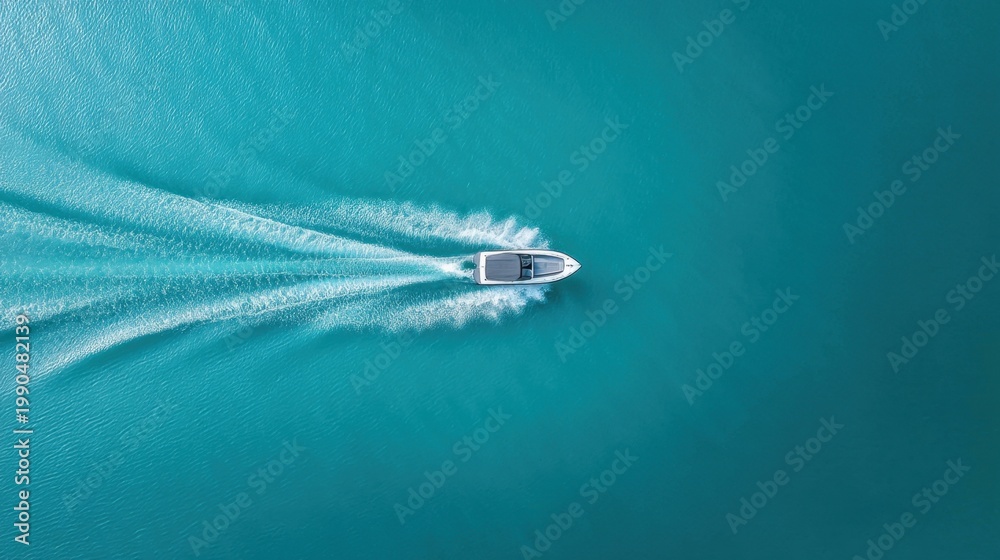 Obraz premium Aerial View of a Speedboat Cutting Through Vibrant Turquoise Water from a High Angle Perspective