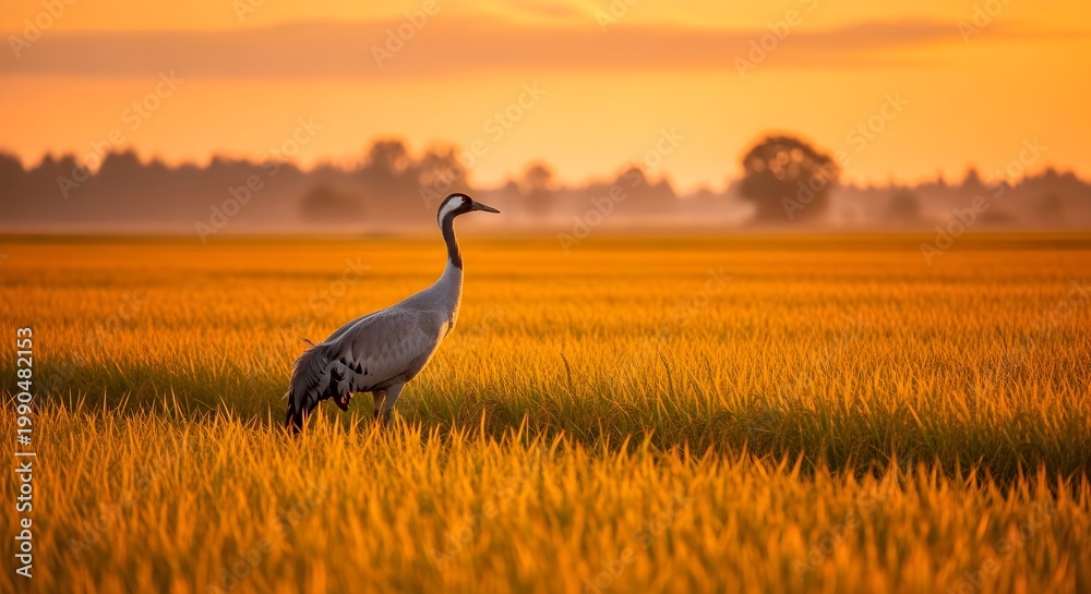 Naklejka premium Crane Standing in Golden Field at Sunset.