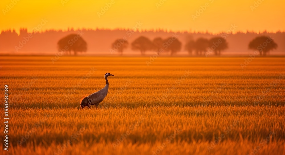 Obraz premium Crane Standing in Golden Field at Sunrise.