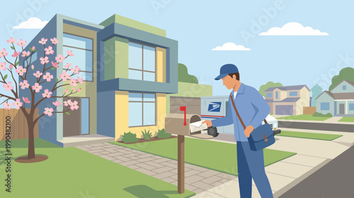 Postman delivering mail to a mailbox in a modern suburban neighborhood