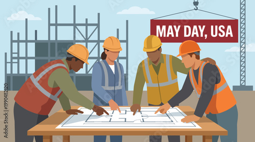 Diverse construction workers reviewing floor plans with May Day banner