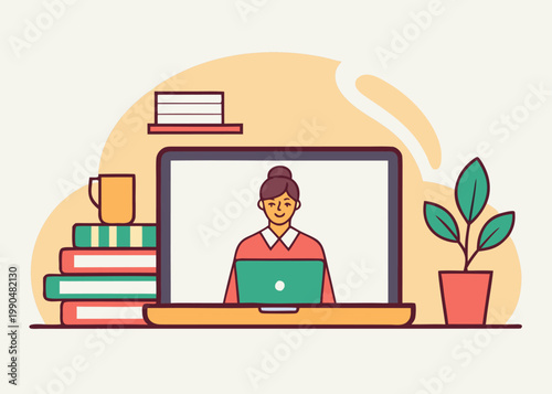An e-learning illustration featuring a woman on a laptop screen working on her own computer surrounded by books and office supplies on a desk.