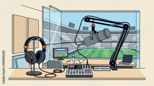 Sports Broadcast Studio with Microphone and Headphones in Front of Stadium View