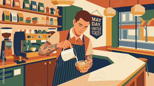 Barista Pouring Latte Art in a Stylized Modern Cafe Illustration