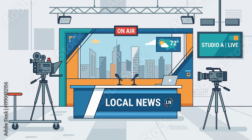 Local news broadcast studio with cameras, microphones, and cityscape backdrop