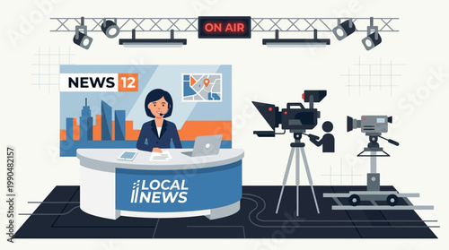 Professional television news studio setup illustration with a female anchor reporting live broadcast, featuring cameras, lighting, and a cityscape backdrop, symbolizing global communication