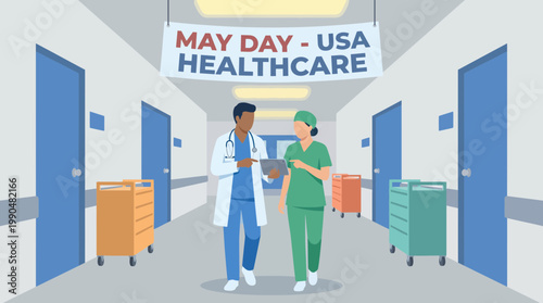 Medical Professionals Collaborating in a Hospital Hallway Illustration