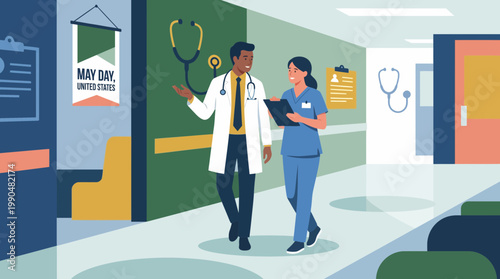 Healthcare Professionals Walking and Talking in Hospital Illustration