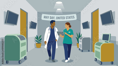 Medical Team Walking in Hospital Corridor for May Day