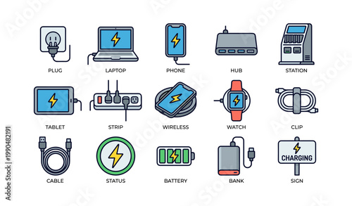 Charging devices and cable icons for electronics and power