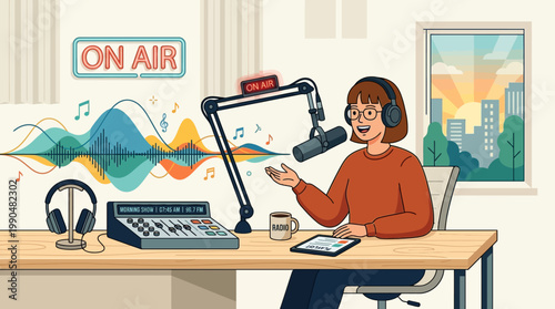 A person recording a podcast or radio show with a microphone, headphones, and audio equipment in a studio setting