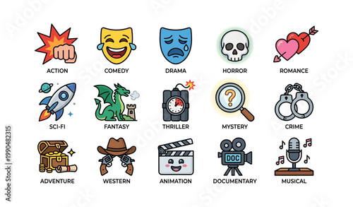Film genre icons showing labeled category symbols on white