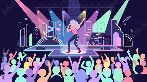 Vibrant illustration of a female singer performing on a brightly lit stage to an enthusiastic crowd, capturing the energy of a live concert event