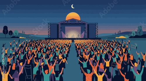 Energetic crowd enjoying a vibrant outdoor music festival at night, illuminated by stage lights and a large moon, creating an unforgettable live entertainment experience