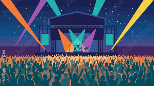 Vibrant outdoor music festival concert with a large crowd enjoying a live performance under colorful stage lights