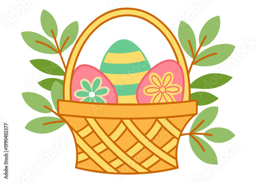 A yellow lattice weave basket containing three large decorated eggs with floral and striped patterns positioned between two green leafy branches on white.