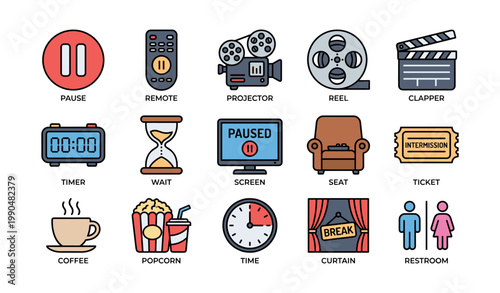 Cinema intermission icons showing pause times and amenities