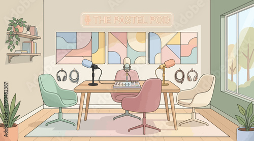 Modern and inviting podcast recording studio setup with colorful abstract art, multiple microphones, headphones, and a mixing board, ready for creative content creation and lively discussions