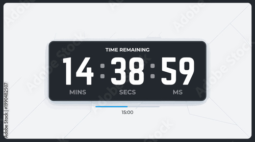 Modern digital countdown timer concept displaying precise remaining time in minutes, seconds, and milliseconds for tracking critical deadlines, events, or real-time processes