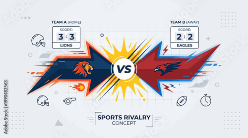 Vibrant illustration showcasing a thrilling sports rivalry concept between two competing teams, highlighting scores, team mascots, and dynamic competitive elements in a powerful versus display