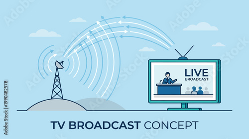Modern illustration depicting a live television broadcast, showing wireless signal transmission from an antenna tower to a TV screen featuring a news anchor