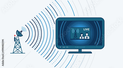 Dynamic illustration depicting live television news broadcasting via advanced wireless satellite communication technology, symbolizing real-time media transmission and global connectivity