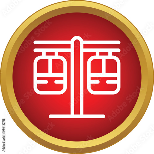 Cable car line icon showing two gondolas in a red circle with a golden border