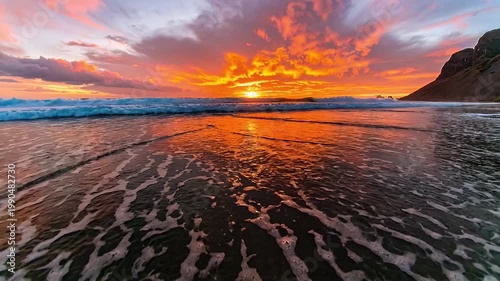Stunning Sunset Over Ocean Waves and Reflective Beach.