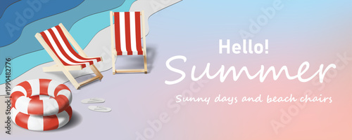Summer beach background with deck chairs and inflatable swim rings vector illustration