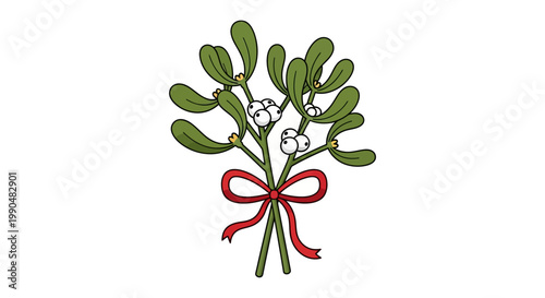 Festive mistletoe illustration with red ribbon on white background