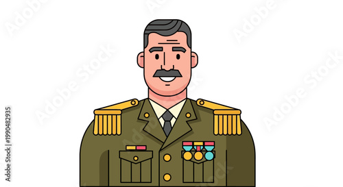 Cartoon illustration of a military officer in uniform with medals