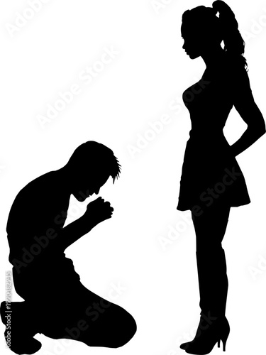 Vektor Silhouetten isoliert Mann und Frau - Mann hockt vor Frau mir gefalteten Händen