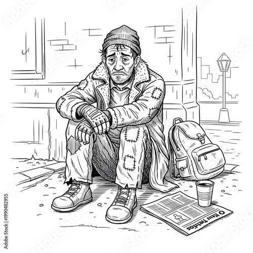 a poor man sitting in sidewalk
