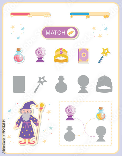 Magic shadow match game for kids. Find the correct shadows for magical objects. Educational worksheet with wizard character.  Vector illustration.