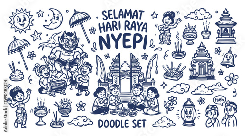 Vintage 1930s Style Selamat Hari Raya Nyepi Balinese Day of Silence Doodle Set